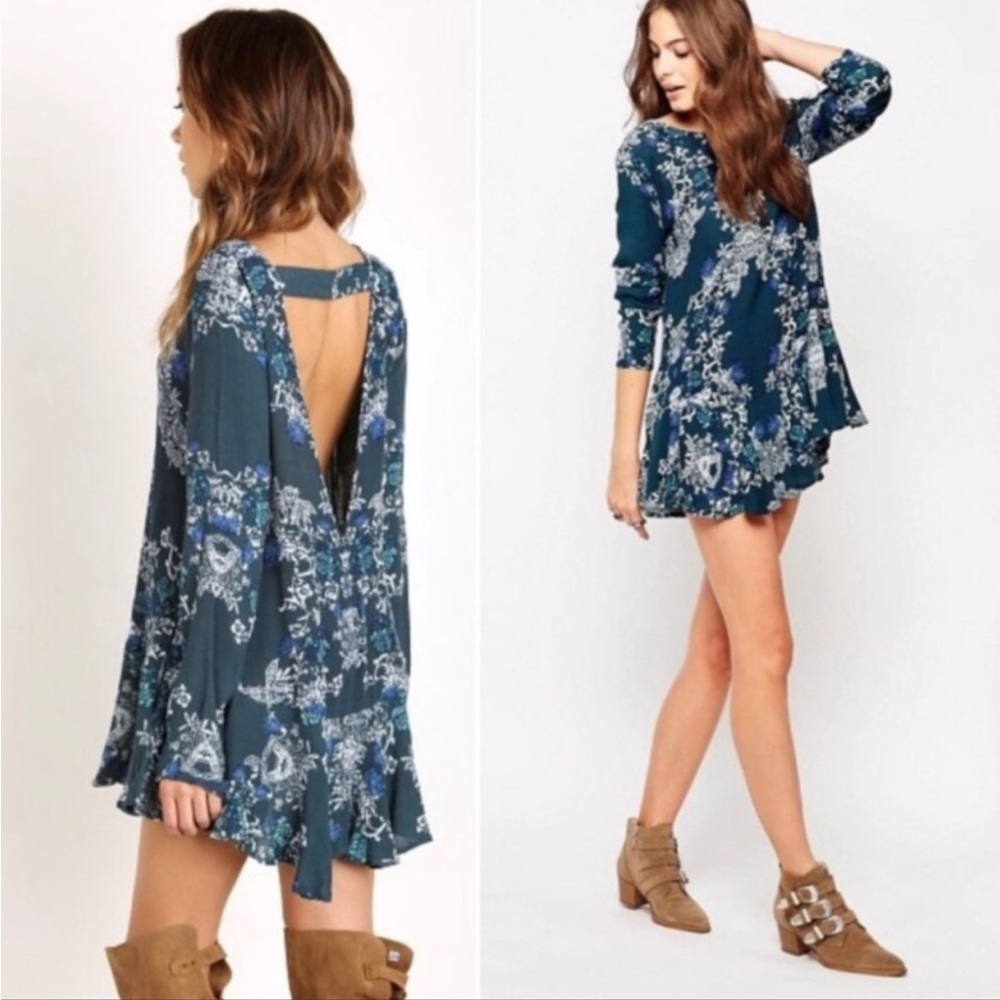 FREE PEOPLE MIXED BLUE SMOOTH TALKER MINI DRESS OPEN BACK